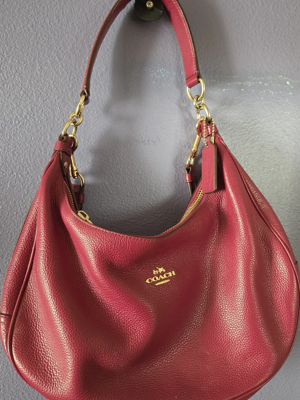 Coach Pebbled Leather Hobo in Berry Red with Gold Hardware